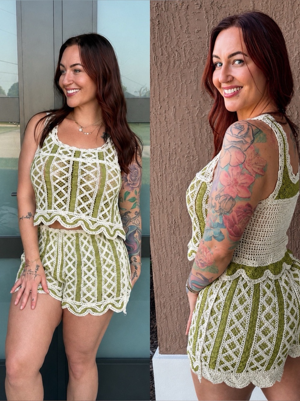 Crochet Lace Trim Tank Romper in Olive and Cream